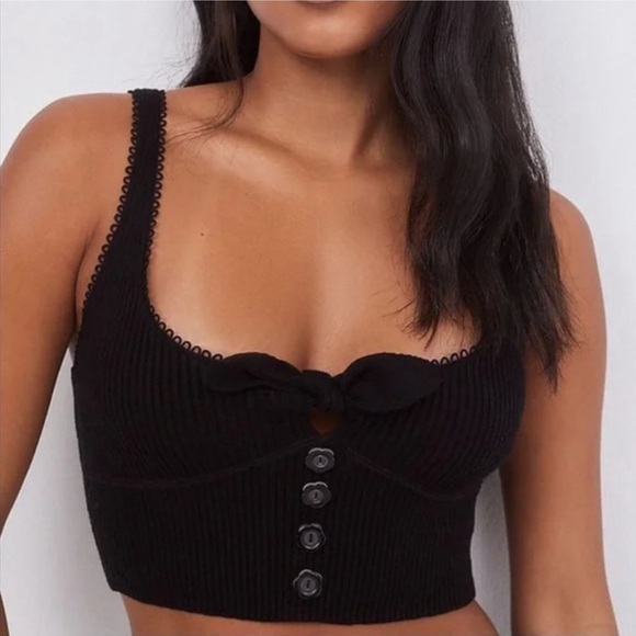 For Love and Lemons Pointelle Knit Crop Top Black Flower Ribbed Bow Coquette - Picture 1 of 8